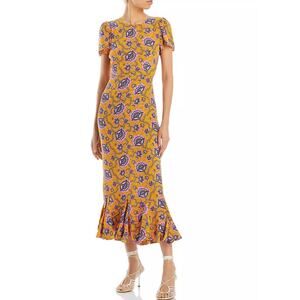 RHODE Lulani Dress Orange Ikat Floral Print Ruffle Midi Dress 0 NEW
